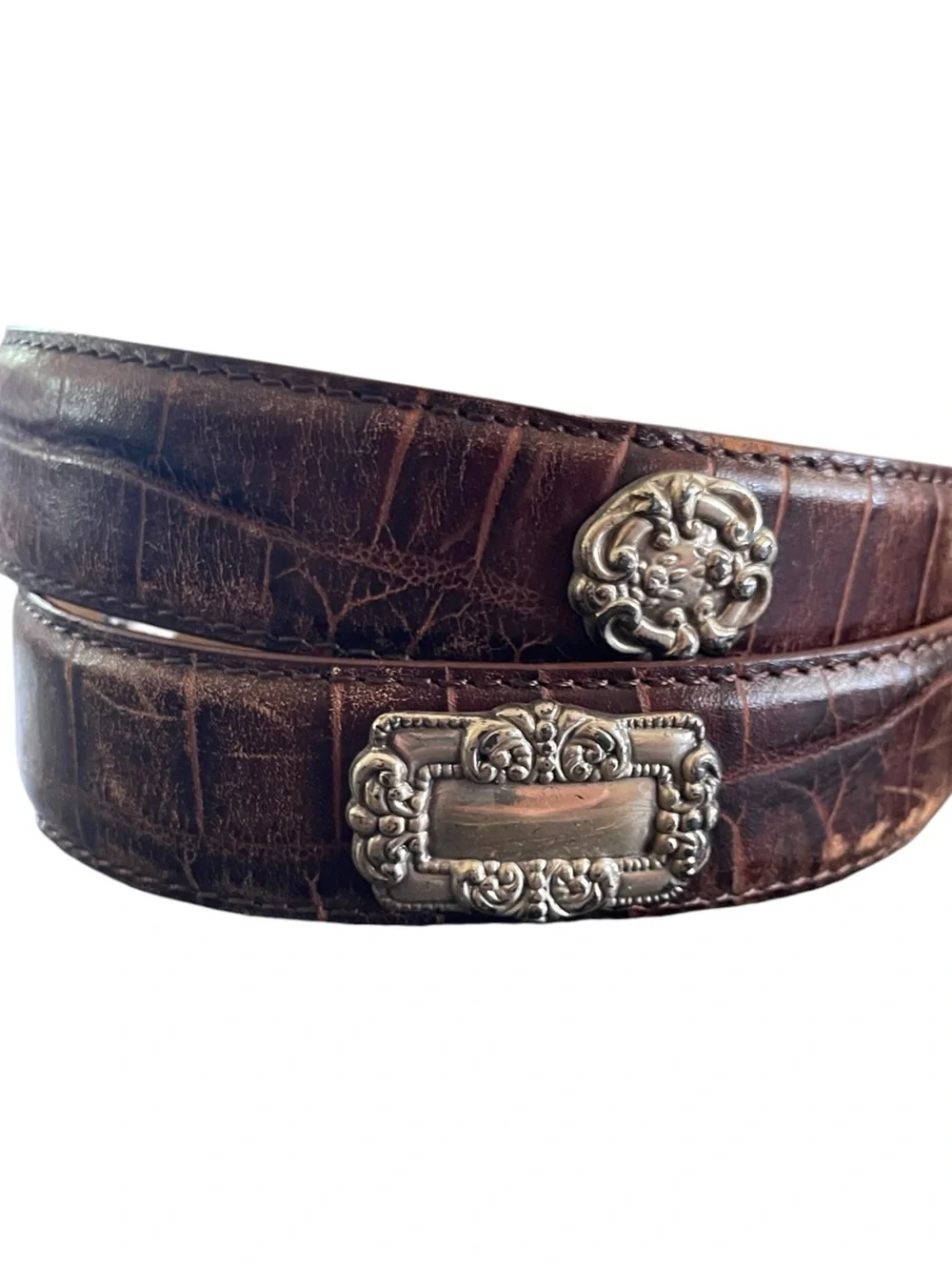 Fossil Alligator Print Embossed Leather with Silver Tone Ornate Medallions Large